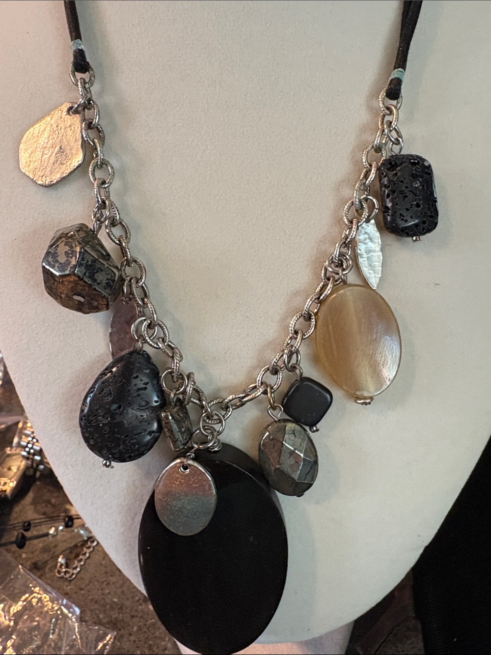 Mixed J Jill Bead Pendant Necklace in Black and Neutral Tones